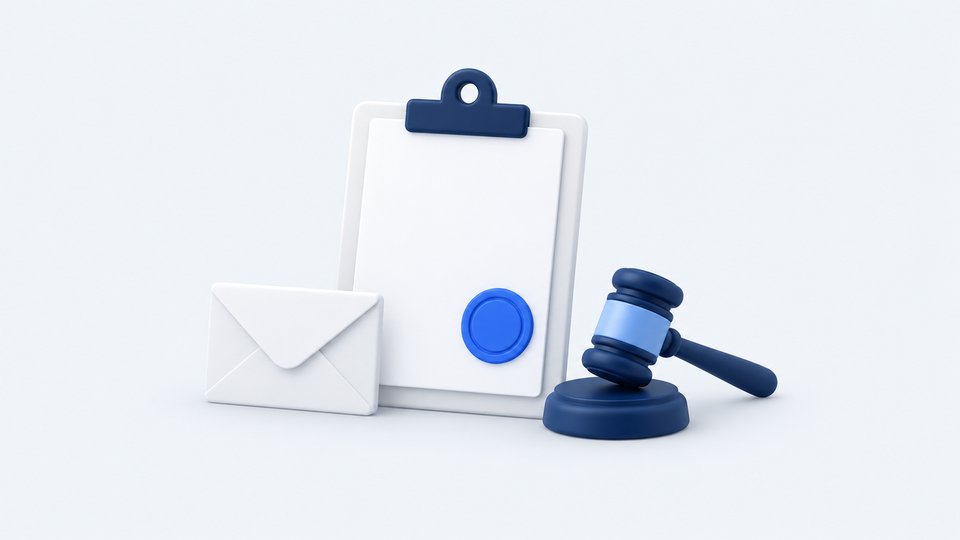 Illustration of a clipboard with a seal, an envelope and a gavel