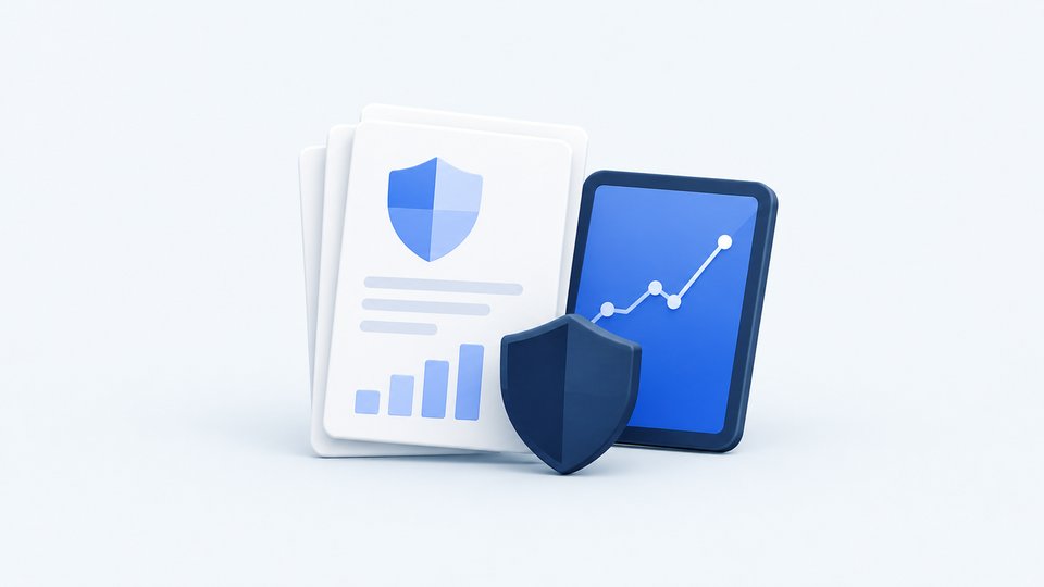 Illustration of a report with a chart and a shield