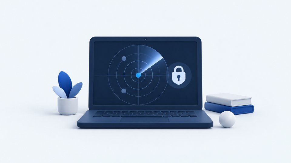 Illustration of a laptop showing a radar screen and a lock